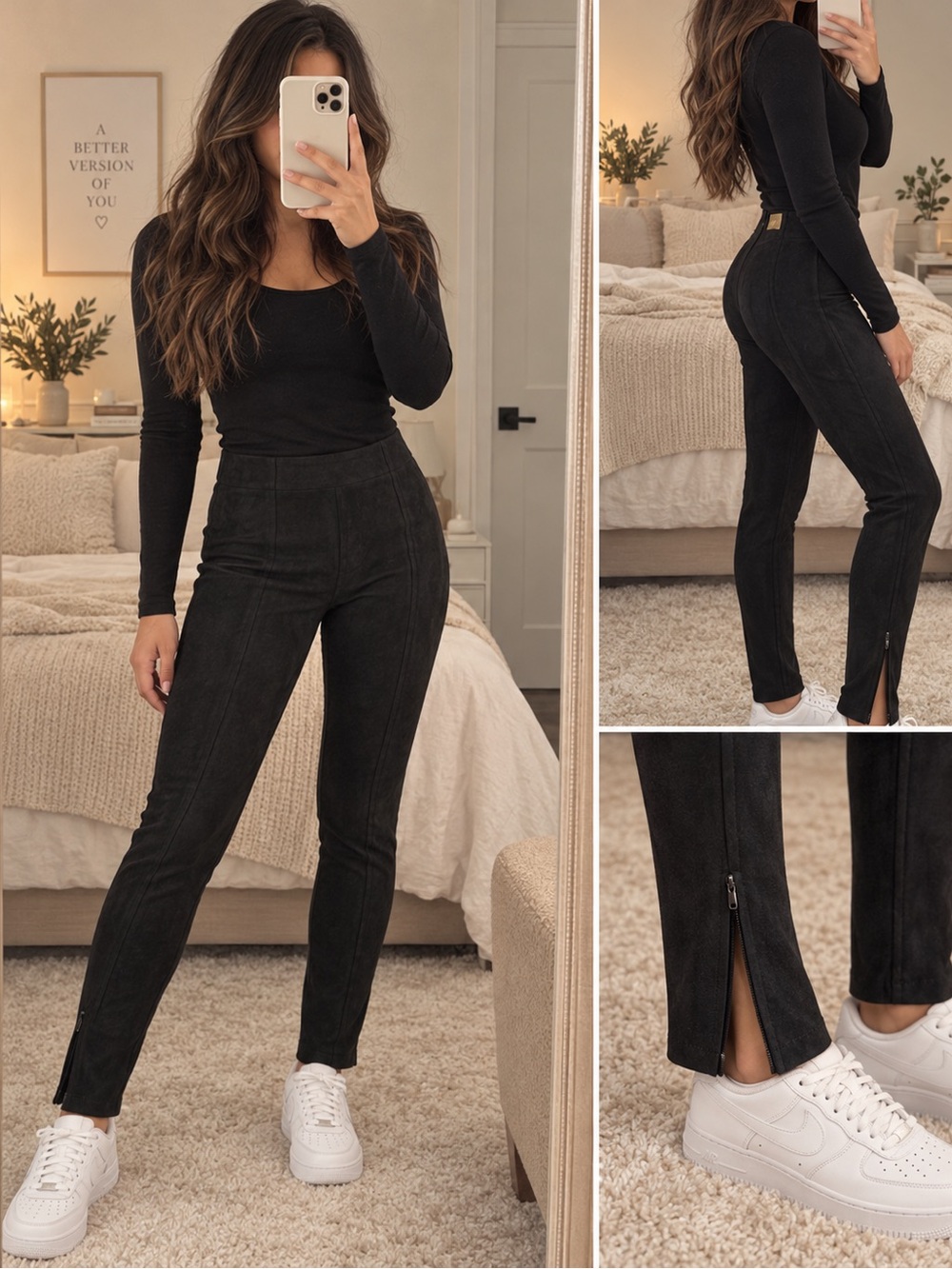 H&M Black Suede leggings wi the side zippers on bottom
